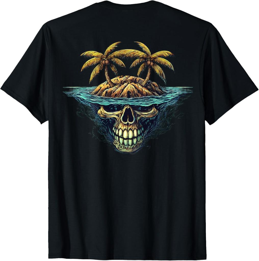 Cool Island Palm Trees Skull Beach Pirate Nautical T-Shirt On Back