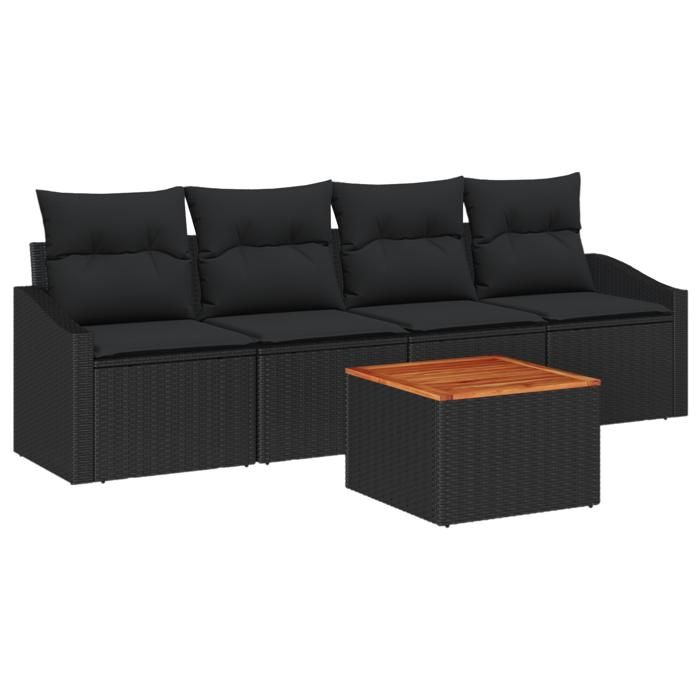 VidaXL Ensemble de 5 Canapés de Jardin avec Coussins Noirs en Polyrattan d'Acacia 3347765