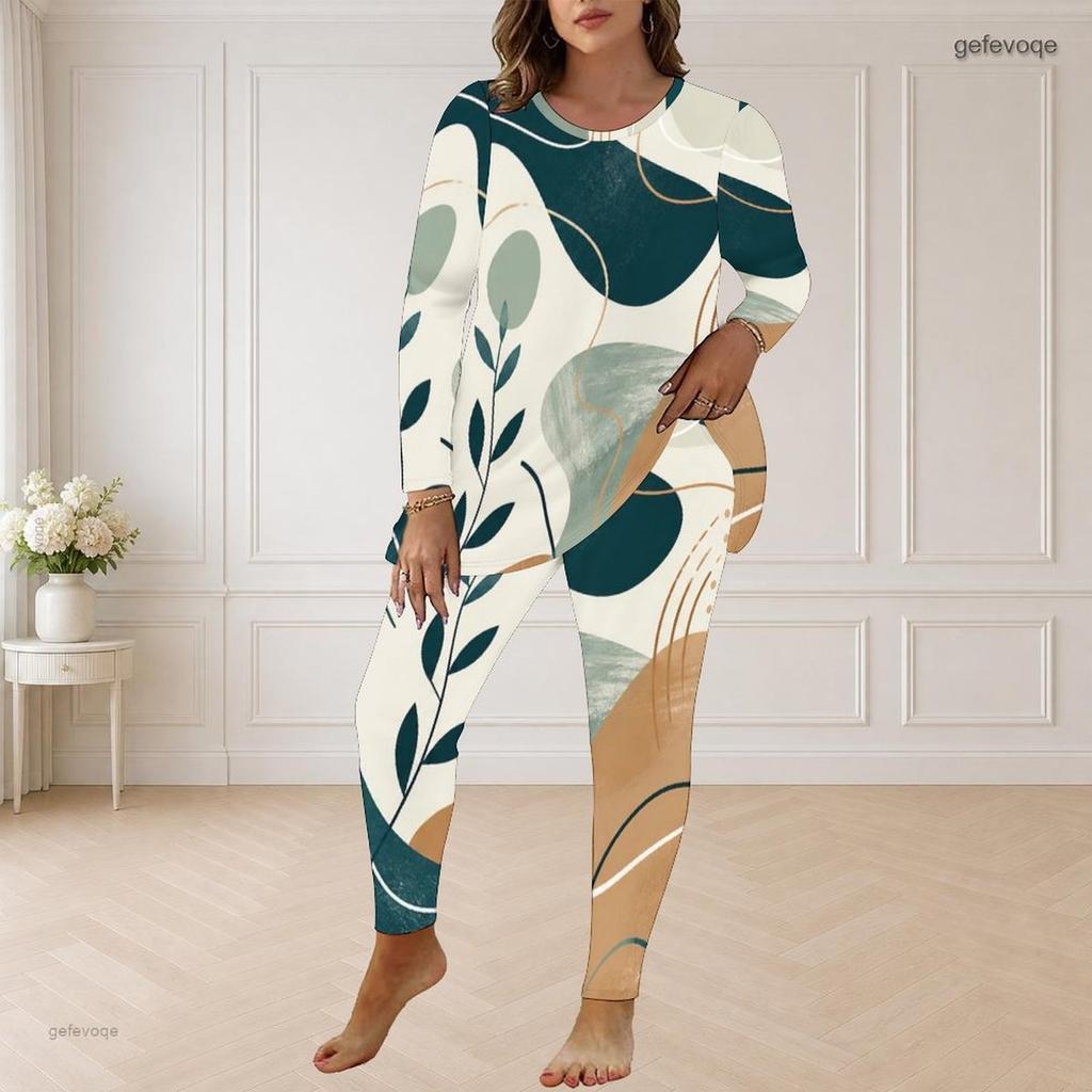 Women Plus Size Two Piece Pants Set Round Neck Long Sleeve Abstract Printed Top And Fitted Pants