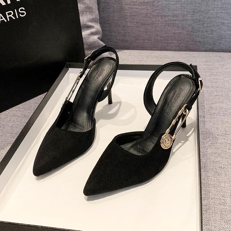 Модные женские сандалии Baotou, весенние, новые, с заостренным носком, с неглубокой горловиной, с металлической пряжкой, пустые туфли на шпильках