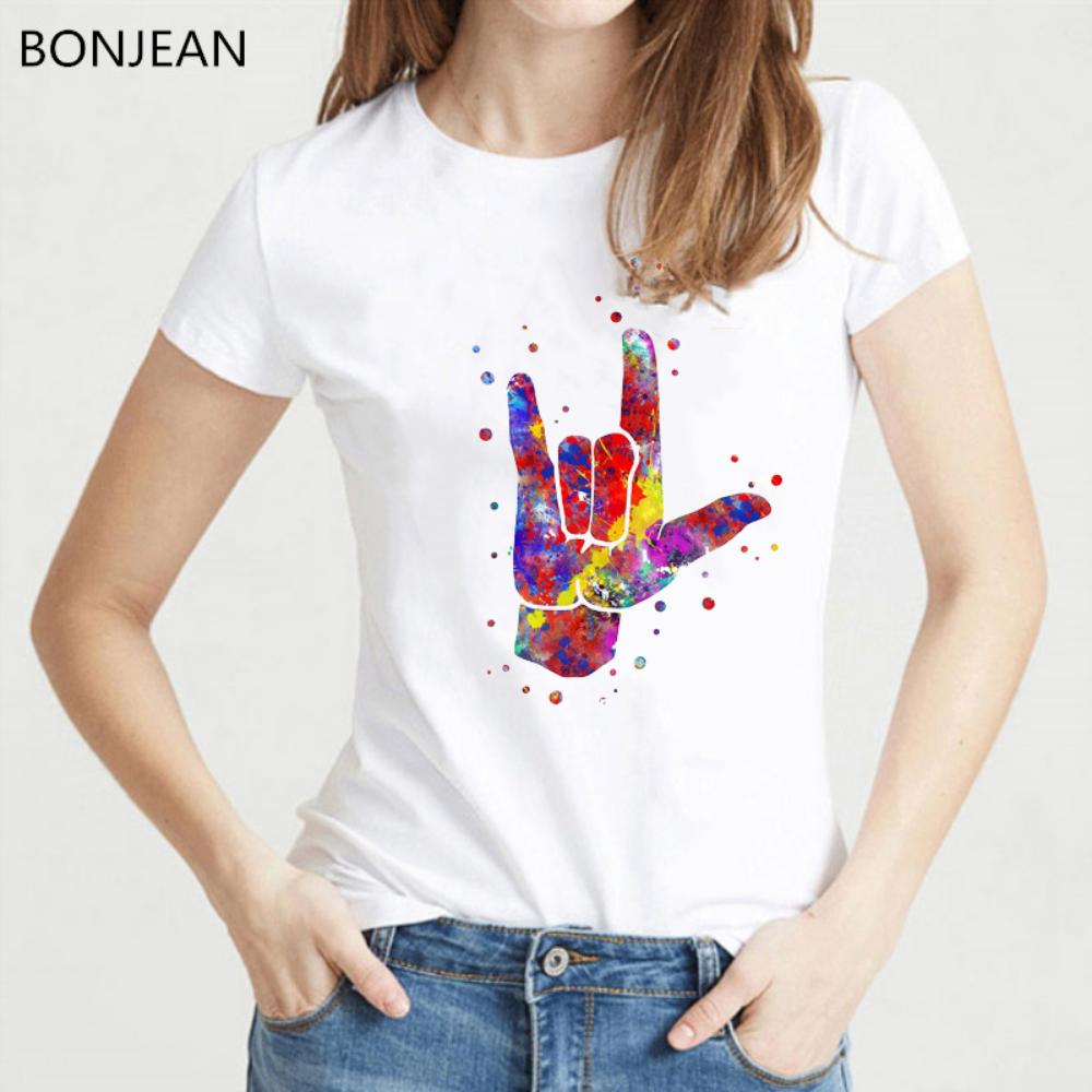 New Summer Fashion Women T-Shirt Watercolor I Love You Asl Sign Language Print Tee Shirt Femme Funny Harajuku Tshirt Female