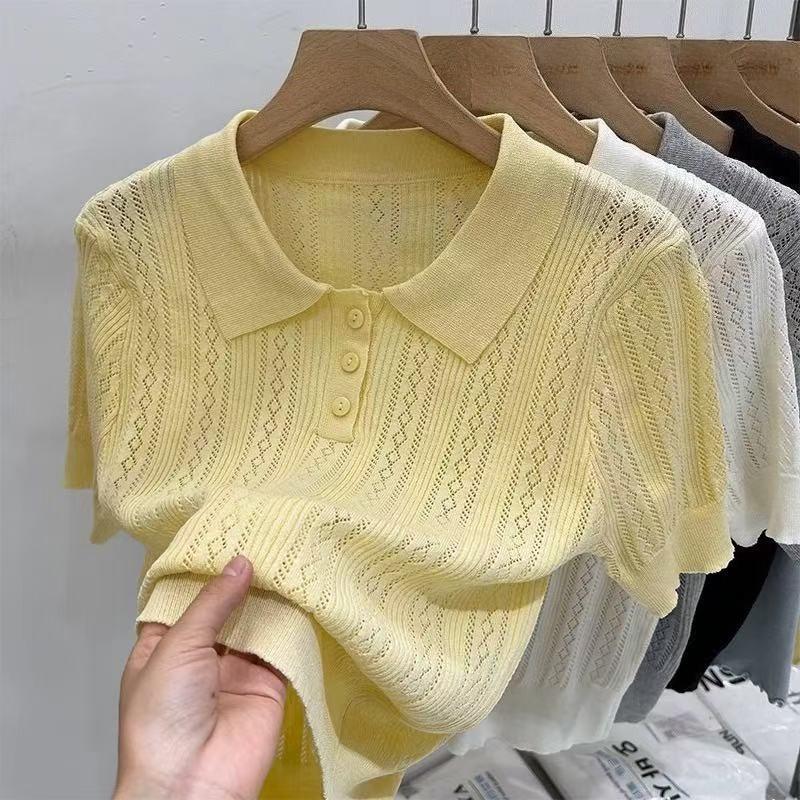 Летняя рубашка с воротником, ажурная, с коротким рукавом, женский вязаный свитер 2026, облегающий, повседневные топы, новая модная рубашка, женская однотонная простая блузка