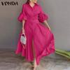 Summer Ladies Shirt Collar Puff Sleeve Waist Collect Button Half Split Long Casual Dresses