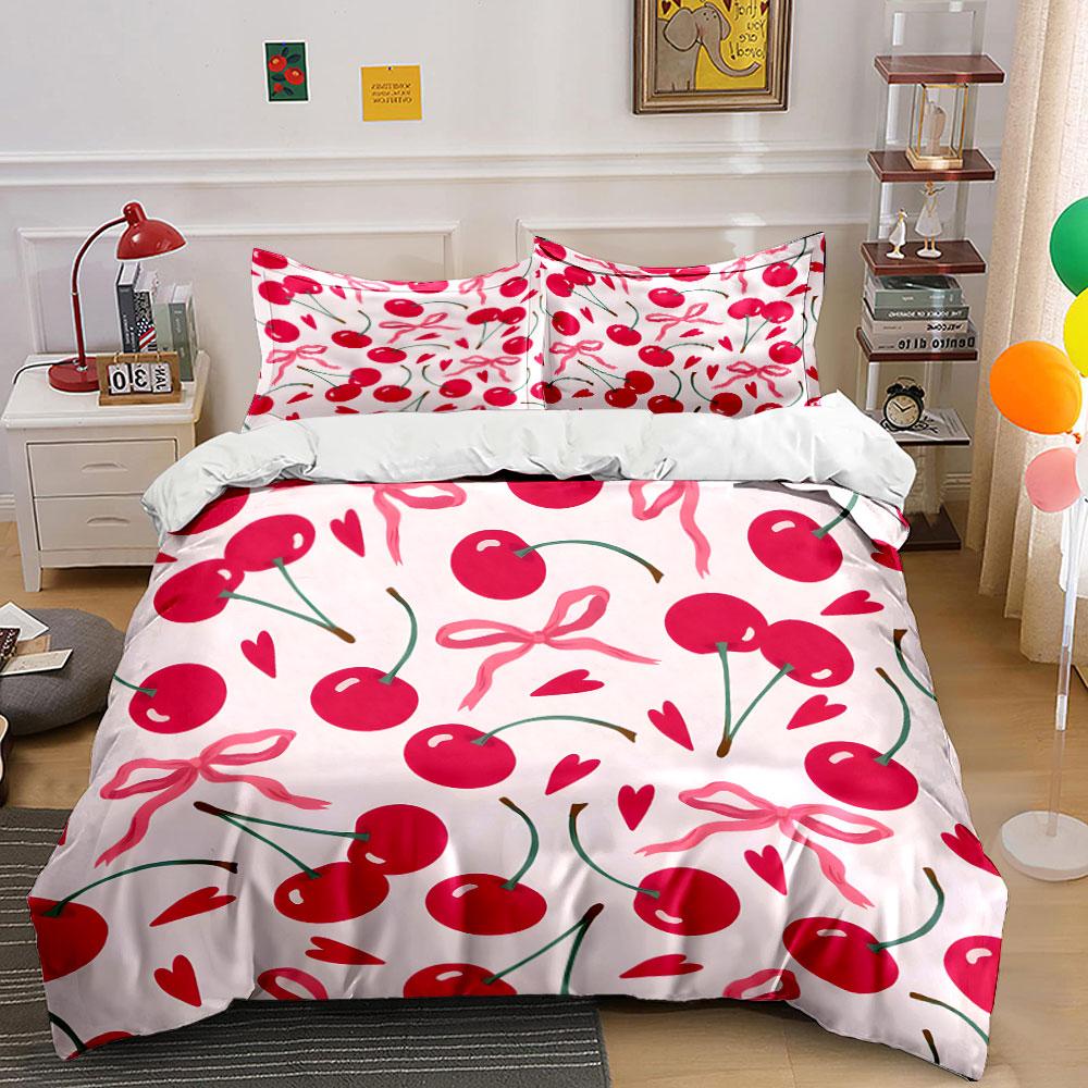 Cherry Pattern with Pink Bows Bedding Duvet Cover Set (1*Duvet Cover 2*Pillowcases, without duvet insert)