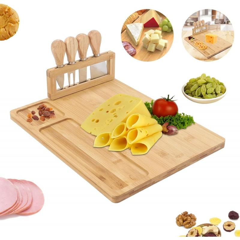 Bamboo Cheese Board Set With Knife Holder 4-Piece Stainless Steel Knives Home Dining Gourmet Plating