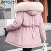 BITCED Women's Winter Mid-Length Cotton Coat with Fleece Lining, Large Fur Collar, Plus Size, Short Waist-Defining Jacket