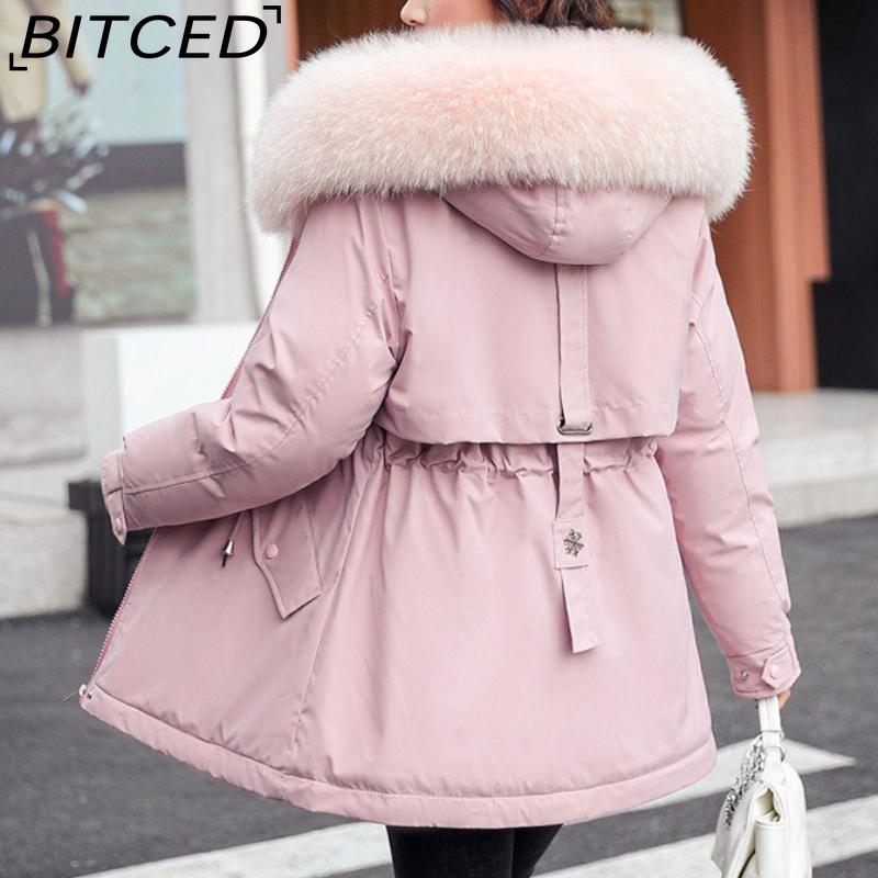 BITCED Women's Winter Mid-Length Cotton Coat with Fleece Lining, Large Fur Collar, Plus Size, Short Waist-Defining Jacket