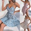 Fashion Bohemian Style Summer Holiday Beach Flower Printed Women V Neck Strap Ruffles One Piece Dress