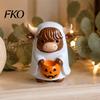 Creative Holiday Gifts Highland Cow Ghost Figurine with Pumpkin Candy Bowl, Cute Halloween Farmhouse Style Ornaments Tabletop Decor for Home