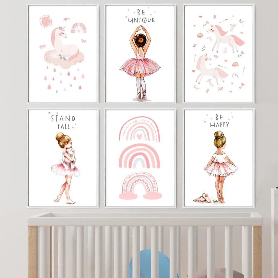 Pink Ballet Girl Rainbow Unicorn Shoes Nursery Wall Art Canvas Painting Posters And Prints Pictures For Baby Kids Room Decor