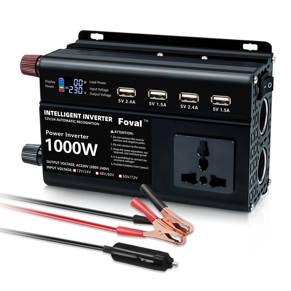 Двойное напряжение с автоматическим переключением постоянного тока 12 В и 24 В;48В и 60В;60 В и 70 В переменного тока, 220 В, 300 Вт, непрерывный/1000 Вт, пиковая модифицированная синусоидальная волна, 4 источника питания USB, инвертор мощности 220 В