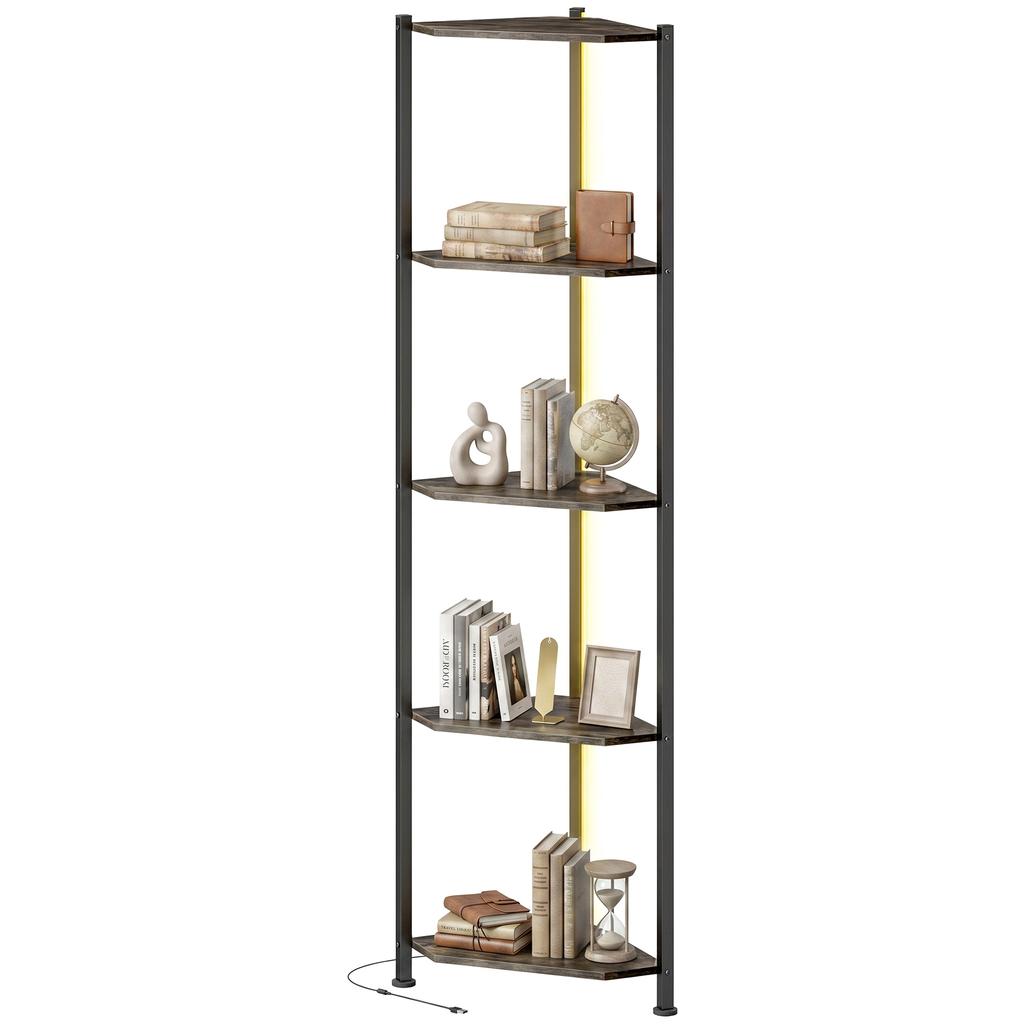 Bookshelf 5-Tier Corner Shelf with LED Lighting for Living Room, Bedroom, Office, Rustic Brown