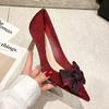 Женские туфли на высоком каблуке-шпильке с бантом, новинка 2024, модные атласные туфли с острым носком, красные туфли на одинарной подошве с неглубоким ртом и сеткой, свадебные туфли