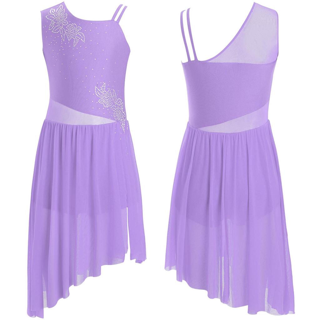 Платье для лирического танца для девочек с цветочным узором и стразами, без рукавов, с асимметричным подолом и боковым разрезом, костюм для выступлений