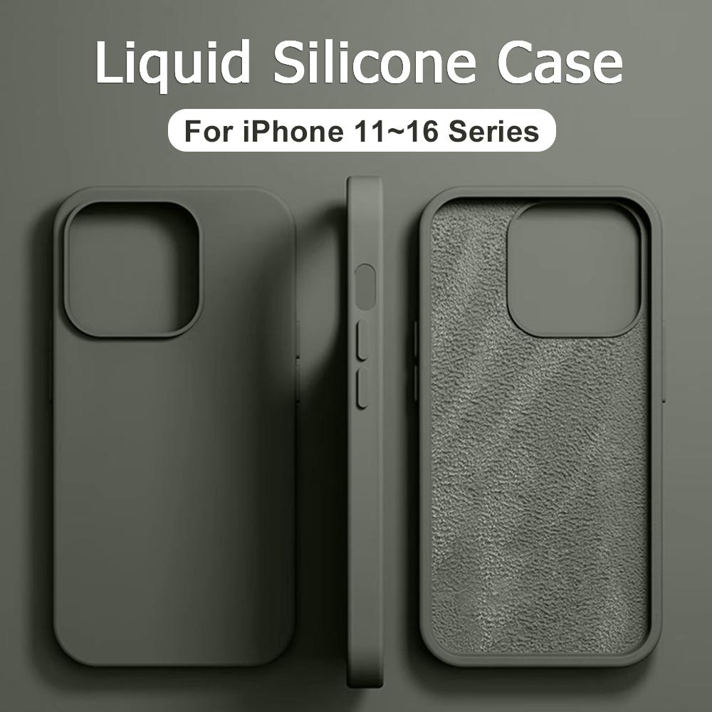 Liquid Silicone Case For iPhone 13 12 11 14 15 16 Pro Max Plus Official Case Bumper Protective Cover Phone Acssories