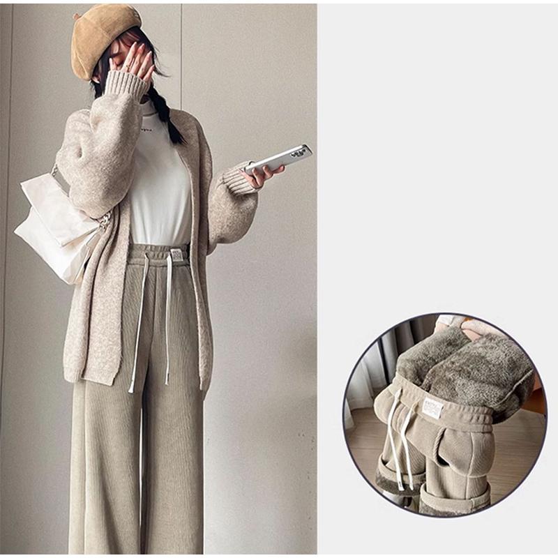 Модные флисовые женские утепленные брюки из вельвета, бархата, однотонные, с эластичной резинкой на талии, повседневные теплые прямые брюки на осень-зиму