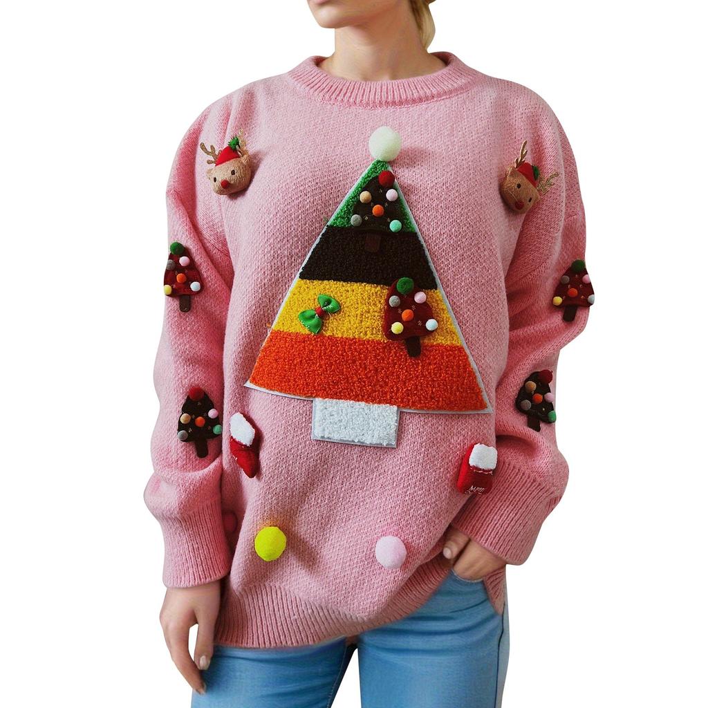 Женский осенне-зимний модный рождественский свитер с круглым вырезом и длинным рукавом