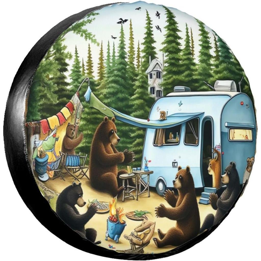 Camping Bears Spare Tire Cover Funny Wheel Protectors Cover Universal Fit for Camper Trailer Truck Accessories Travel 15 Inch