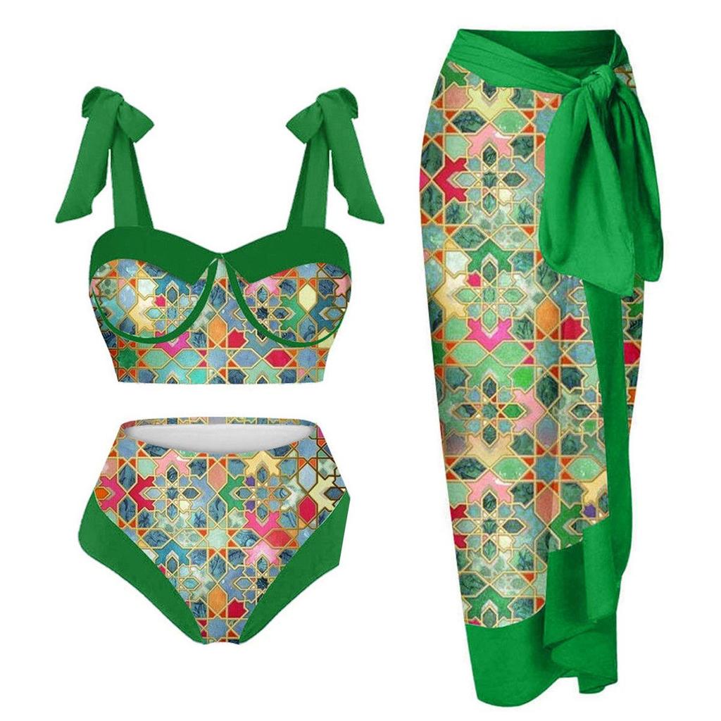 Boho Chic Поддельный купальник больших размеров, винтажное печатное многоцветное шифоновое газовое платье, спа-купальник
