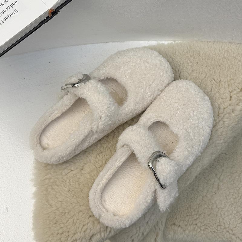 Баотоу пушистые тапочки женские 2025 новые осенне-зимние бархатные теплые тапочки-половинки интернет-знаменитости Мэри Джейн хлопковые туфли