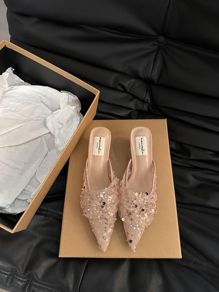French Dress High Heels Half Slippers Spring and Autumn Style High Heels Evening Gentle Everything with Sequined Shoes