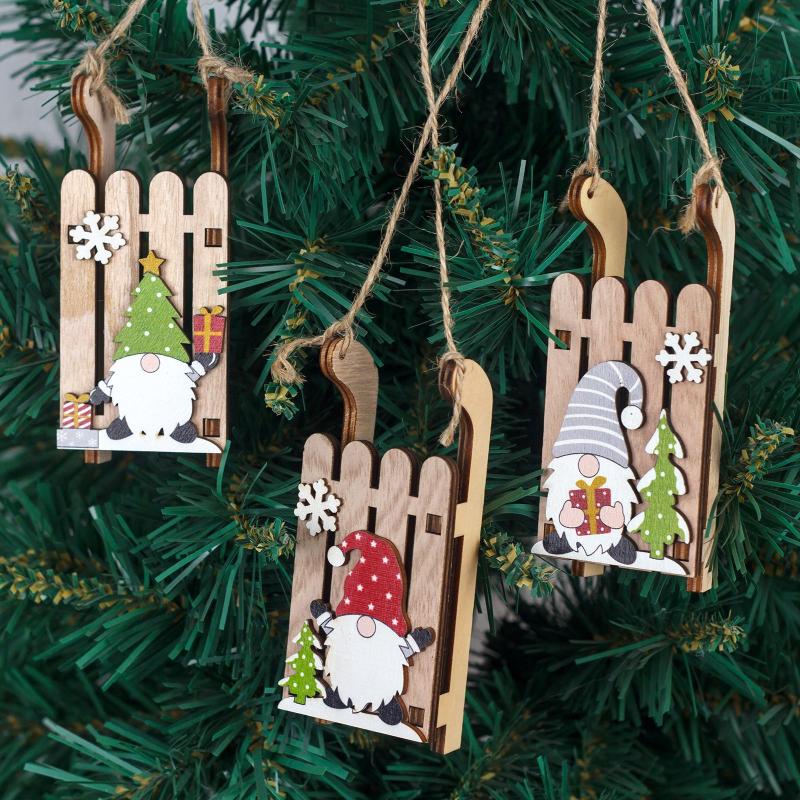 Christmas Tree Hanging Decor Wooden Christmas Sleigh Ornament Wood Gnomes Pendant Home Office Party Diy Christmas Decoration