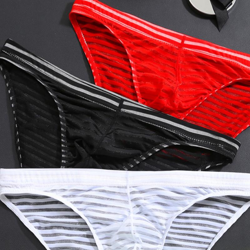 Men Mesh Striped Transparent Briefs Low Waist Ultra-thin Ice Silk Sexy Breathable Underwear Underpant Men Gays Sissy Panties