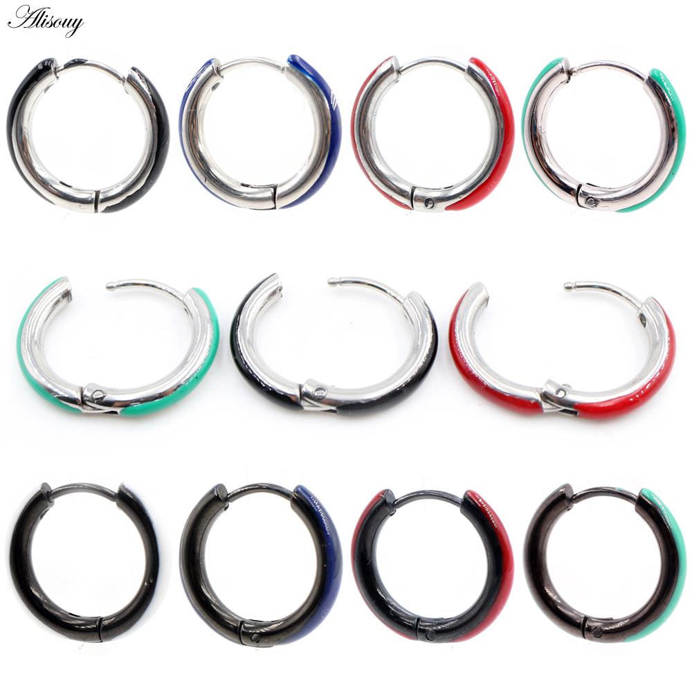 Alisouy 2PCS Punk Rock Hiphop Stainless Steel Enamel Circle Round Ear Helix Clip Huggie Buckle Women Men Unisex Hoop Earrings