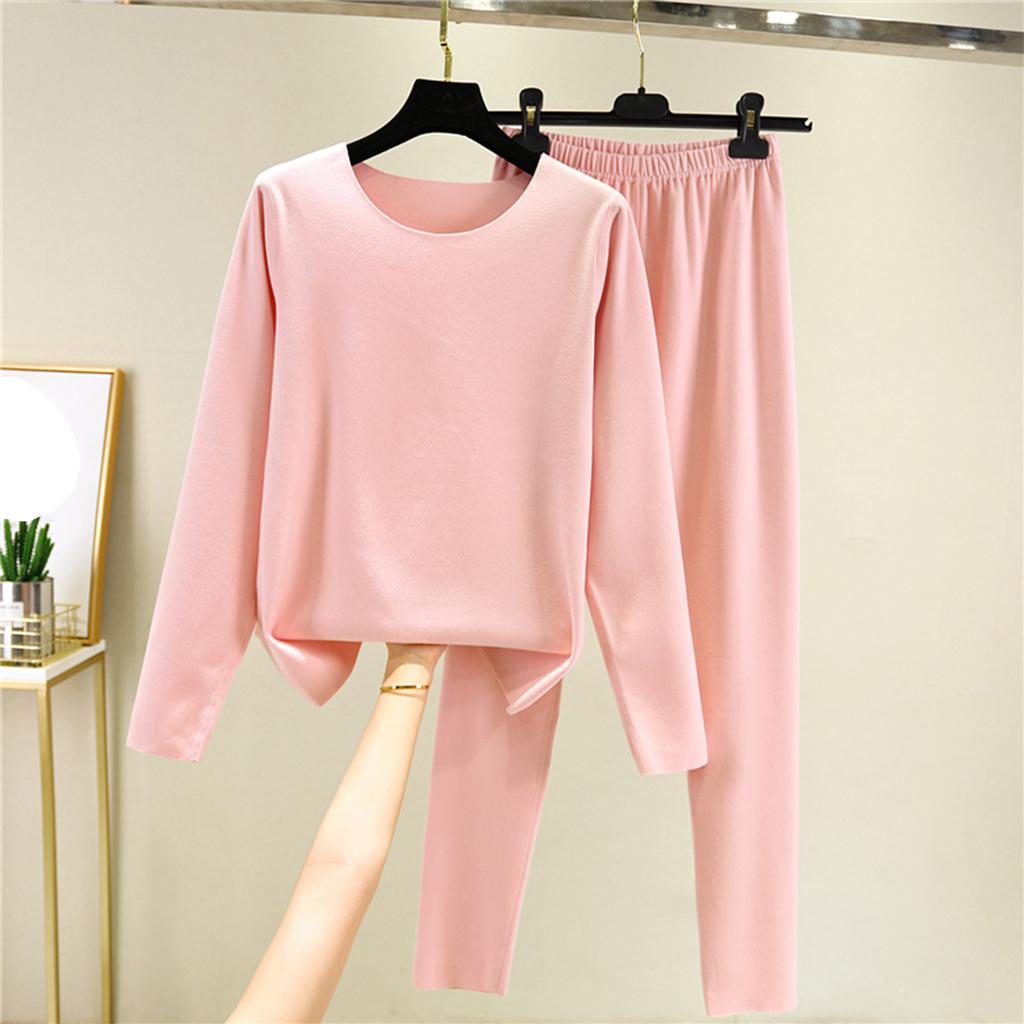 Ladies' Casual And Comfortable Long Sleeved Solid Color With Thick Velvet Sleepwear And Warm Pants Set