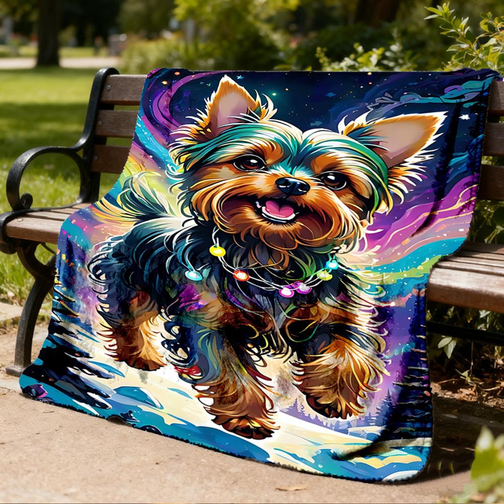 1pc Yorkie Christmas Lights Outdoor Flannel Blanket , Machine Washable Perfect Gift for Birthday , Holiday Travel Accessory , Durable Material