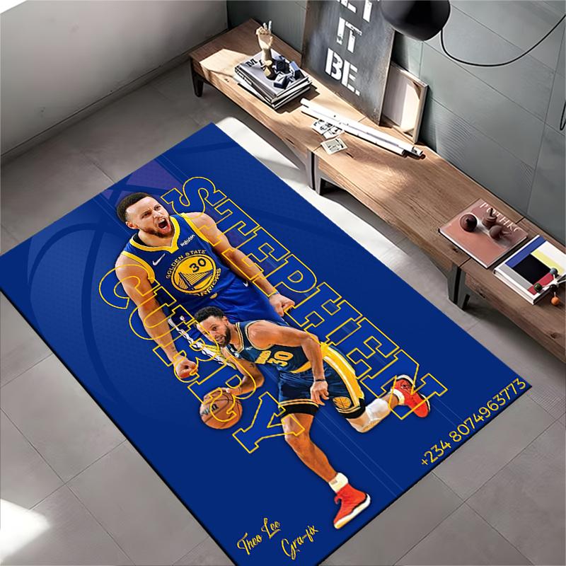 Sports Area Rug, Stephen Curry Warriors Number 30 Vertical Typography Blue Background Dribble Print, Fan Decor, Non-Slip Mat