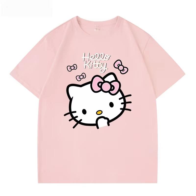 Летняя футболка с мультяшным принтом HelloKitty 2026 года, повседневная хлопковая футболка с коротким рукавом для взрослых и детей, милый кавайный стиль streetwear