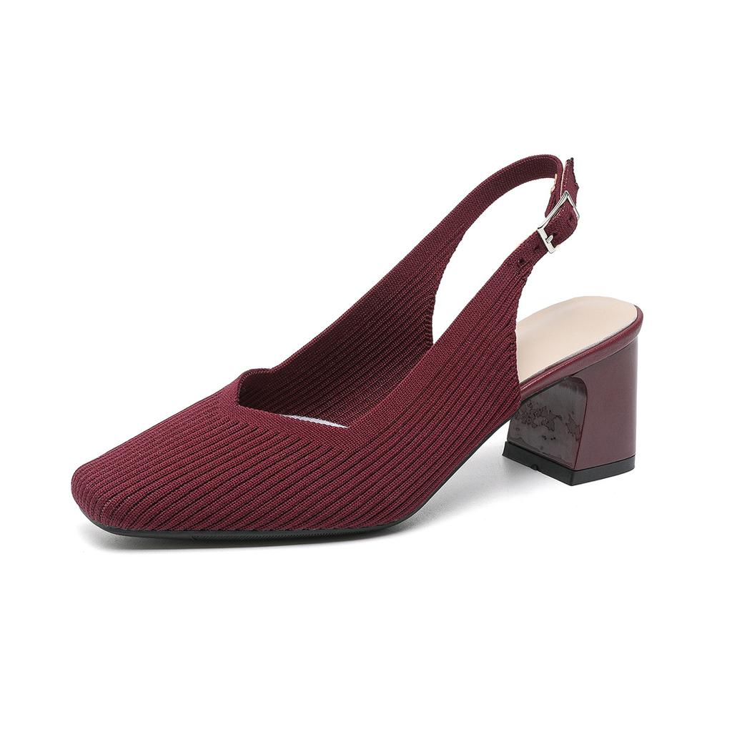 Туфли с открытой пяткой для женщин с квадратным носком, удобные трикотажные туфли для работы, прогулок, офиса, туфли-лодочки на толстом каблуке, женские нескользящие туфли на низком каблуке для свадьбы, нарядные туфли