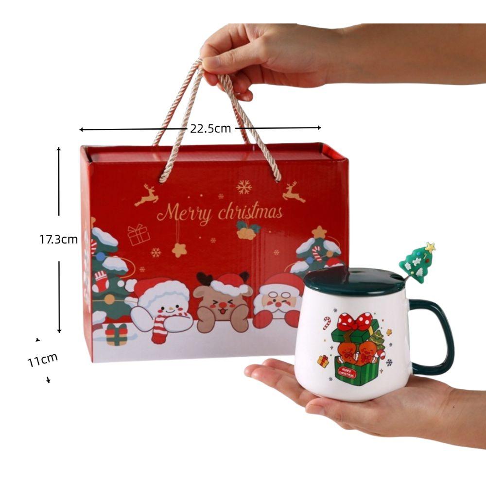New Merry Christmas Mug Gift Box Ceramic Red Green Cup Spoon Set Party Accessories Wooden Lids Coffee Cup Teaspoon Home Use