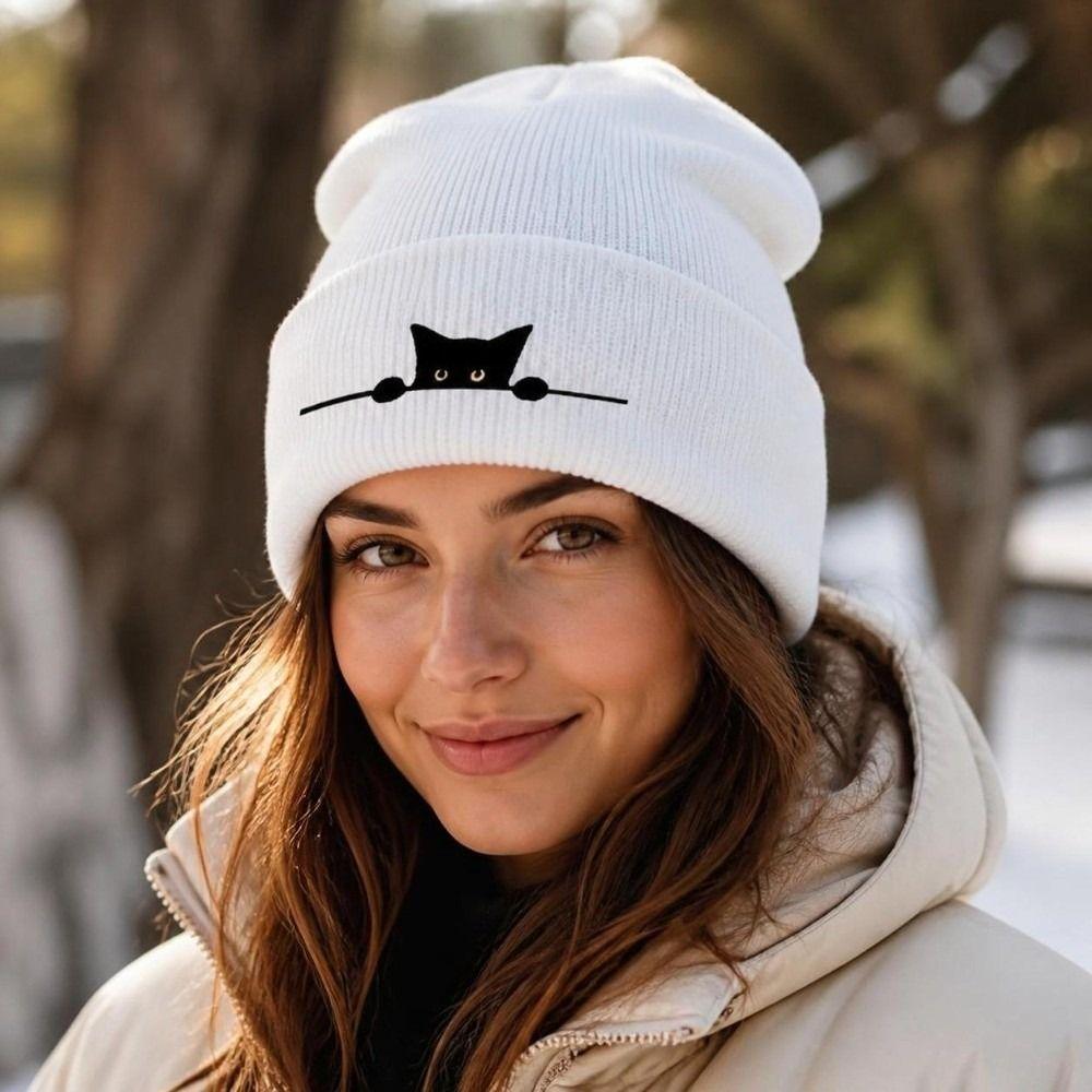 Solid Color Knitted Beanie Hat Cartoon Cat Printed Pullover Cap High Quality Warm Hat Outdoor