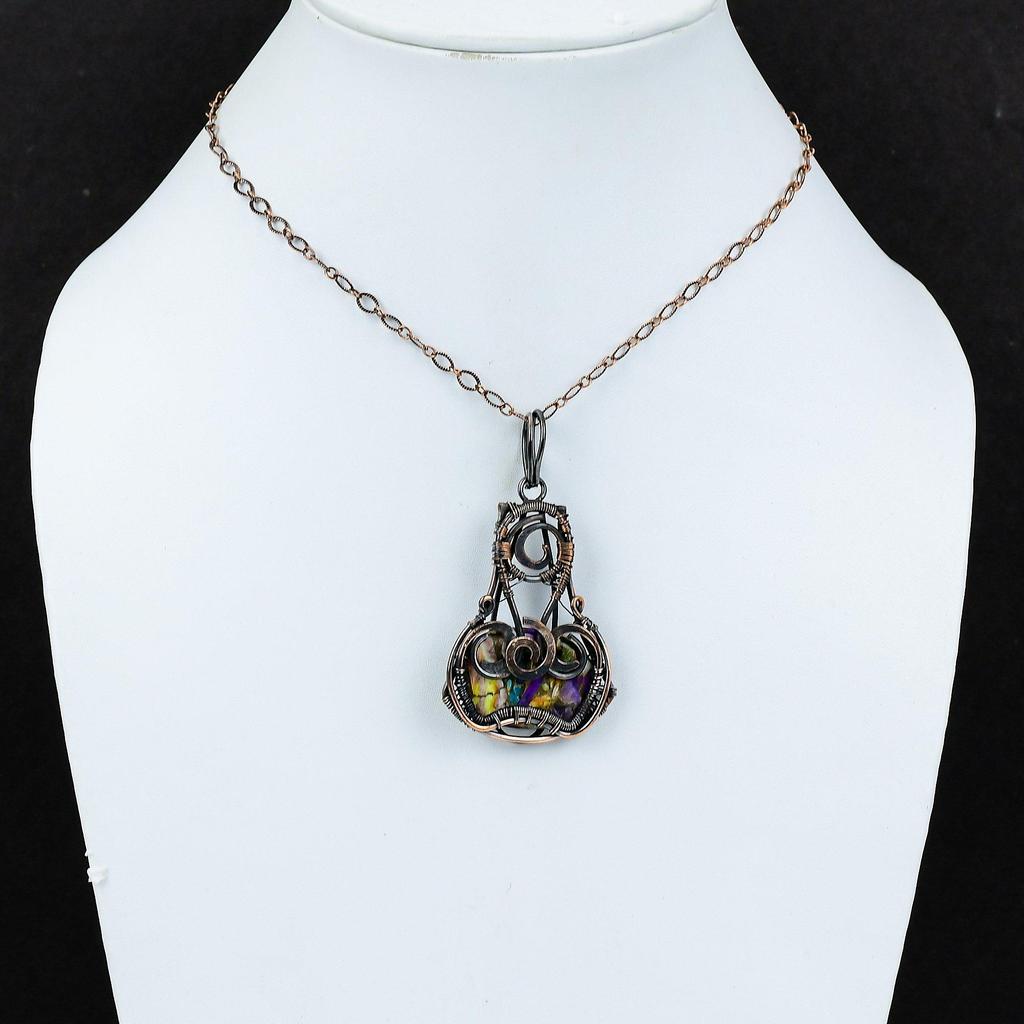 Многоцветный медный бирюзовый кулон, обернутый медной проволокой, кулон с драгоценным камнем, бирюзовый кулон, подарок для женщин, кулон ручной работы, медные украшения