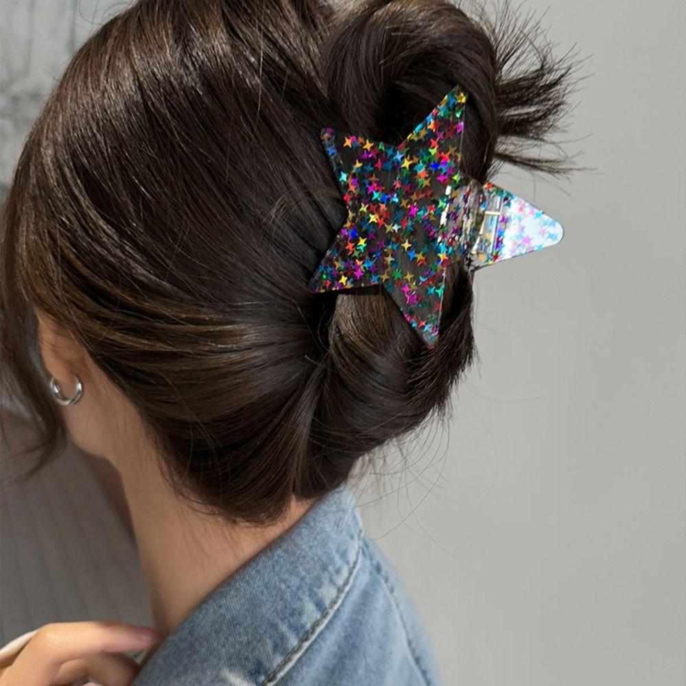 Sequin Glitter Star Shark Clip Pink Pentagonal Hair Crab Summer Hairpin  Women Girl Hair Accessory