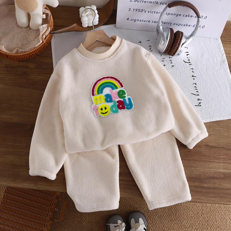 Autumn and Winter Kids Plush Lined Pajamas Set Children Unisex Warm Sleepwear for Boys and Girls