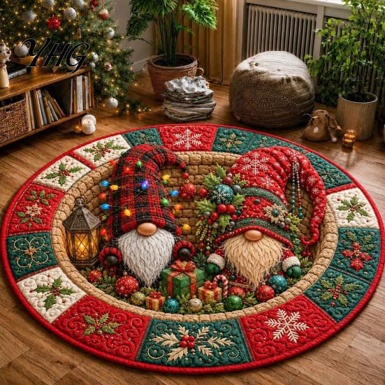 Durable Floor Rug for Holidays Round Christmas 3D Rug, Optical Illusion Area Santa Gnome Low Profile Entryways Pattern, Non-slip Holiday Mat