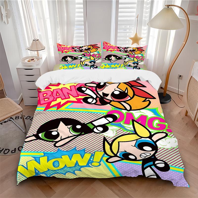 3Pcs Powerpuff Girls Action Bedding Set Quilt Cover Pillowcase Home Christmas Xmas Halloween Gift 1 Duvet Cover 2 Pillowcase M92938