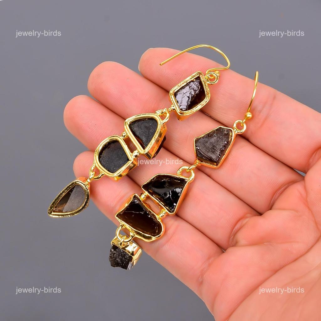 Натуральный дымчатый кварц, позолоченные, модные свисающие серьги, гальванопластика, ювелирные изделия V-115