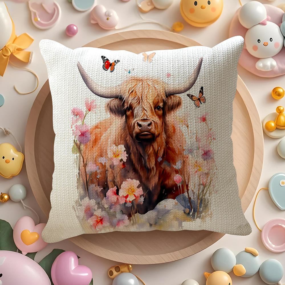 Highland cow and flower Cushion Cover Natural Linen Organic Fabric DoubleSided Printing Sofa Home Decor Gift Pillow Cover