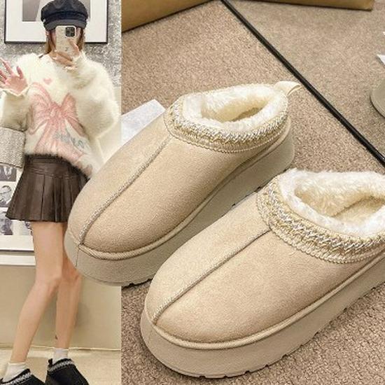 Женские зимние сапоги с меховой отделкой 2023 г.: Уличные тапочки на толстой подошве, осенне-зимние, полузакрытые, с бархатной подкладкой