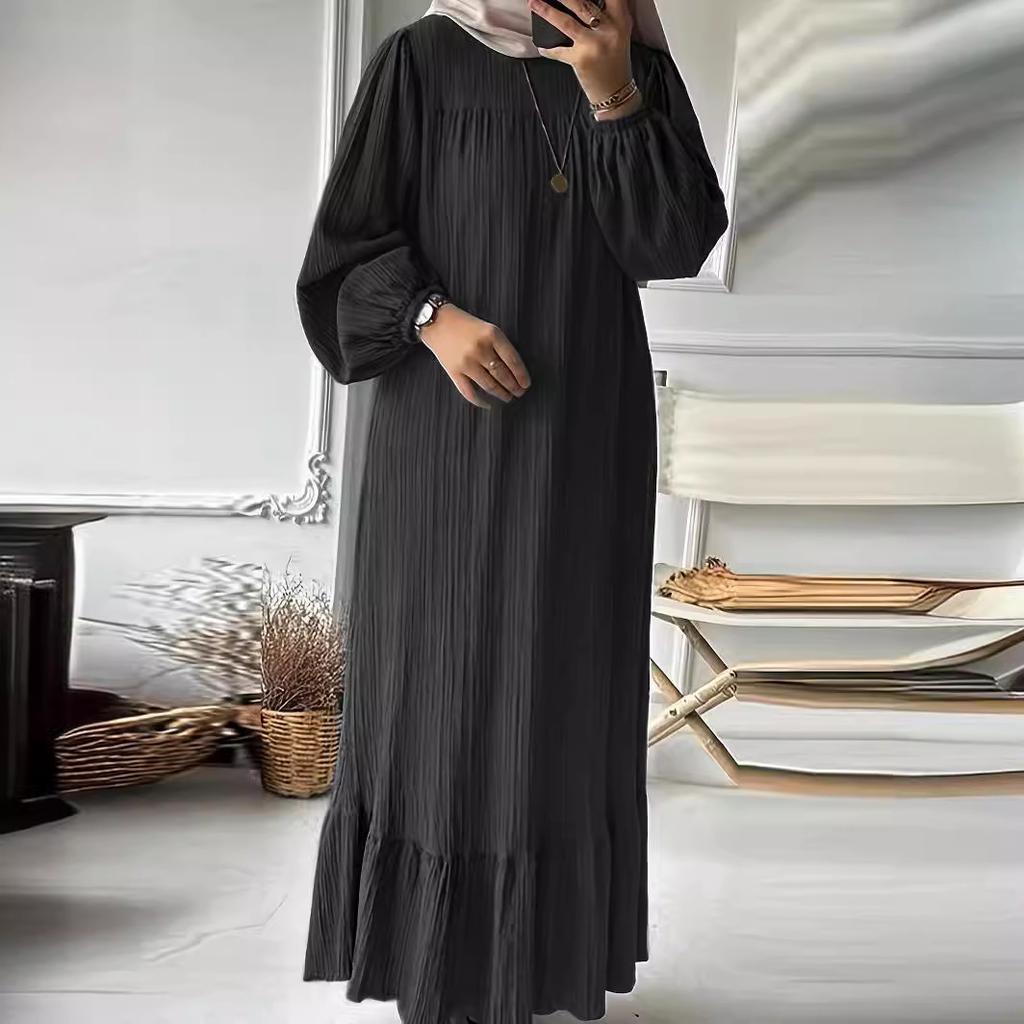 Spring and Autumn Women's Fashion Long Sleeve Vintage Solid Colour Ruffle Hem Long Dresses