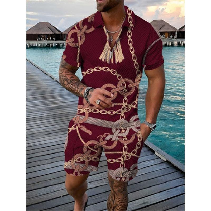 2025 summer men's 3D digital printing short-sleeved polo fashion sports and leisure suit foreign trade men's solid color