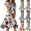 Women's Casual Fashion Flower Print Dress V Neck Short Sleeve Short Skirt