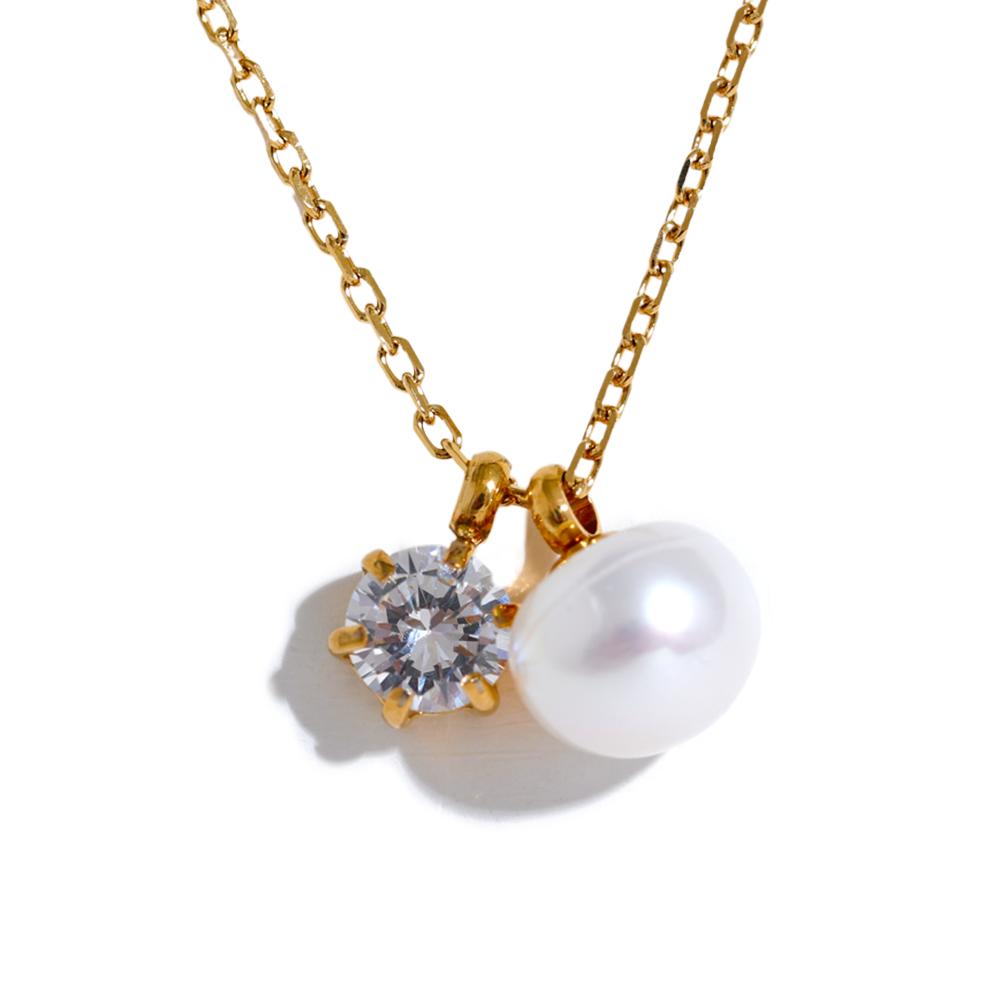 Yhpup New Exquisite Stainless Steel Cubic Zirconia Natural Pearl Pendant Luxury Necklace Charm Fashion Korean Jewelry Gift