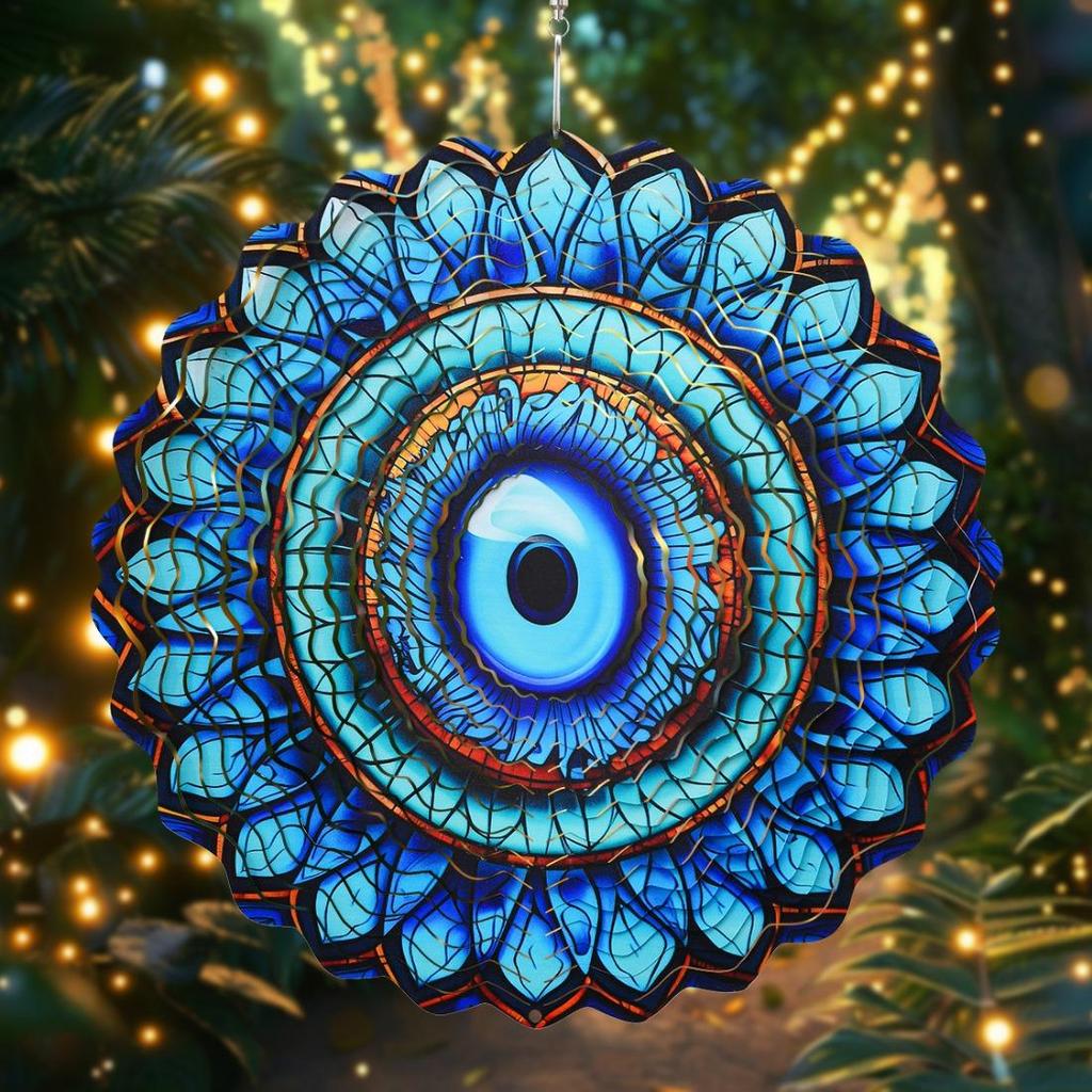Кинетический металлический спиннер «Злой глаз» - Сложный дизайн из синего и бирюзового витражного стекла - Универсальное искусство для сада, патио, для помещения/улицы