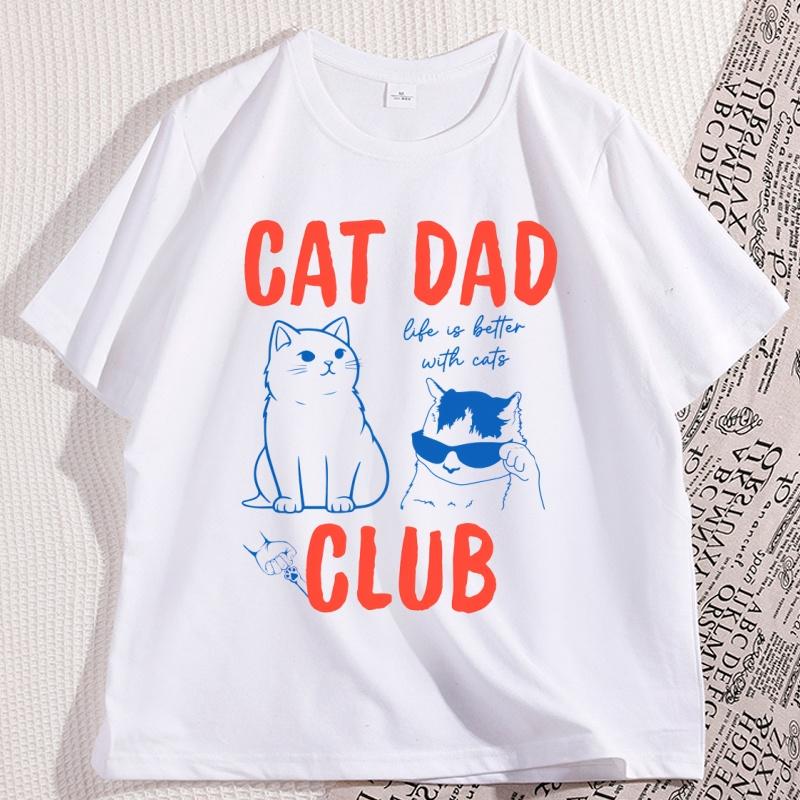 Cat Dad T Shirt Men Casual Cotton Short Sleeve Cat Dad Club Tshirt Funny Cat Lover Tshirt Casual Short Sleeve Round Neck Tee