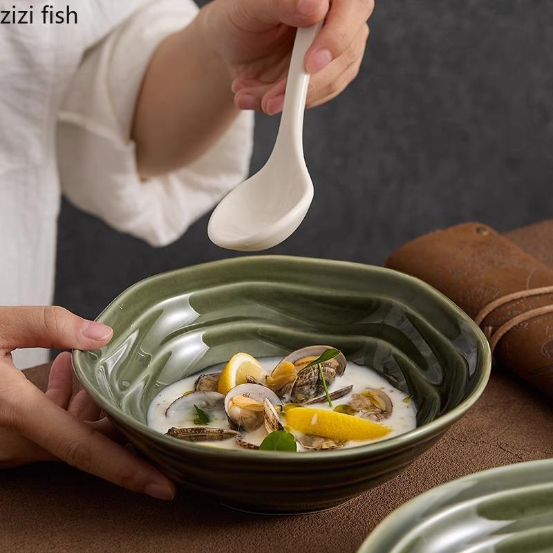 Салатница с неровной текстурой из керамической глины, зеленая толстая суповая миска, миска для завтрака, десертные миски, цветная подглазурная посуда